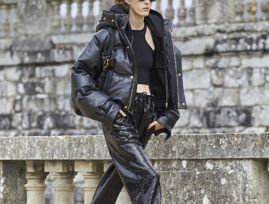 clothing apparel jacket coat sunglasses accessories accessory person human pants