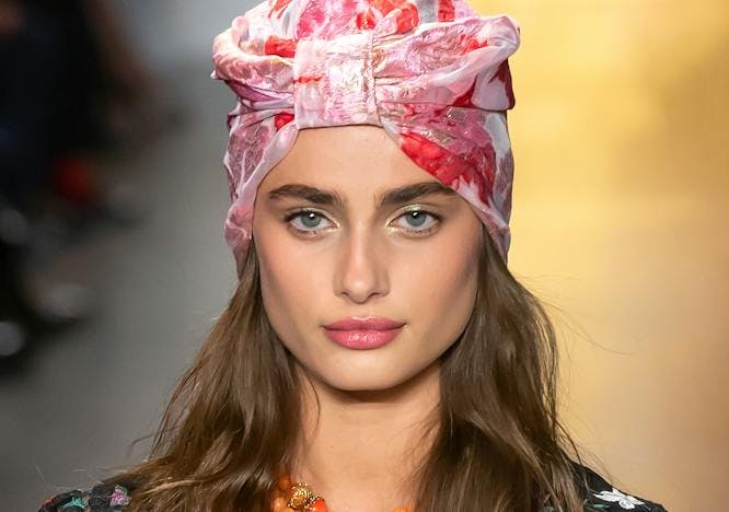 taylor hill,usa,new york fashion week,fashion week,show,runway,collection,ny,clothes,summer,spring,2019,fashion show,catwalk,walking,nyc,model,ready to wear,anna sui,fashion,women accessories adult female person woman formal wear face dress necklace turban