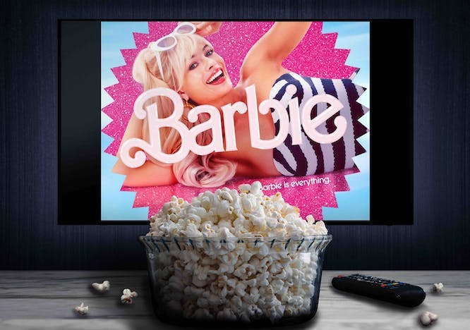 digital,editorial,margot,hollywood,movie,entertainment,popcorn,relax,snack,television,illustrative editorial,control,technology,barbie,bowl,watching,room,home,tv screen,multimedia,series,cinema food popcorn person advertisement