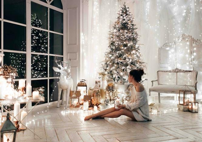 gift,magic,beauty,cozy,happy,merry,beautiful,white,fairy tale,golden,model,sweater,new year,night,lanterns,celebration,traditional,warm,background,style,deer,love,woman,seasonal,christmas tree,winter,cute,holiday,house,interior,decor,design,living room,december,miracle,wedding,tenderness,pretty,sexy,festive,garlands,home,lifestyle,classic,lady,luxury,window,evening,royal,posing adult female person woman christmas christmas decorations festival christmas tree