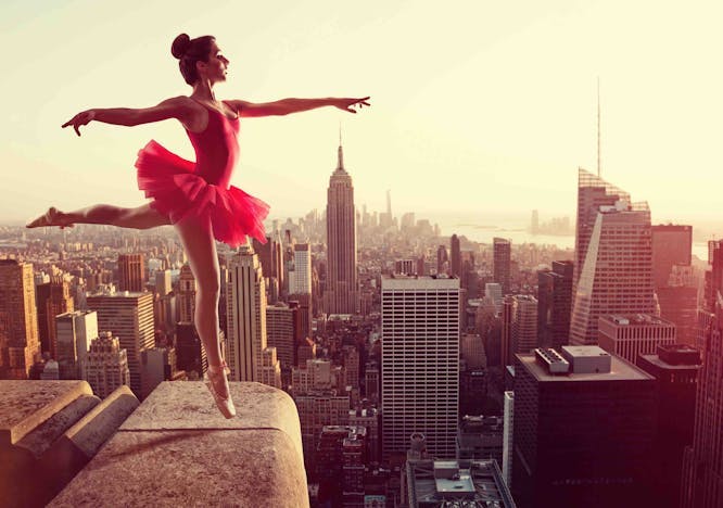 dancing,woman,artist,ballerina,city,south,concept,dangerous,skyline,courage,red,high,balance,gracefully,physical,abyss,new,sports,confidently,artistic,ballet,feeling,aesthetics,dancer,awesome,tutu,vintage,york,imaginative,travel city urban metropolis dancing person building high rise cityscape neighborhood tower