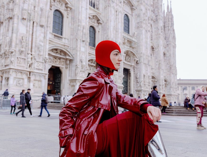 adult female person woman building church duomo di milano landmark coat shoe